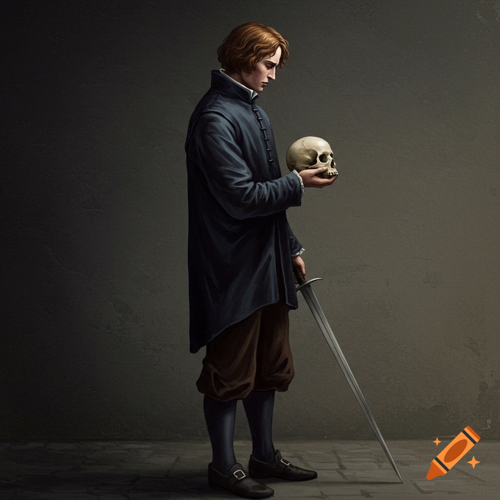 A man in historical clothing holds a skull.