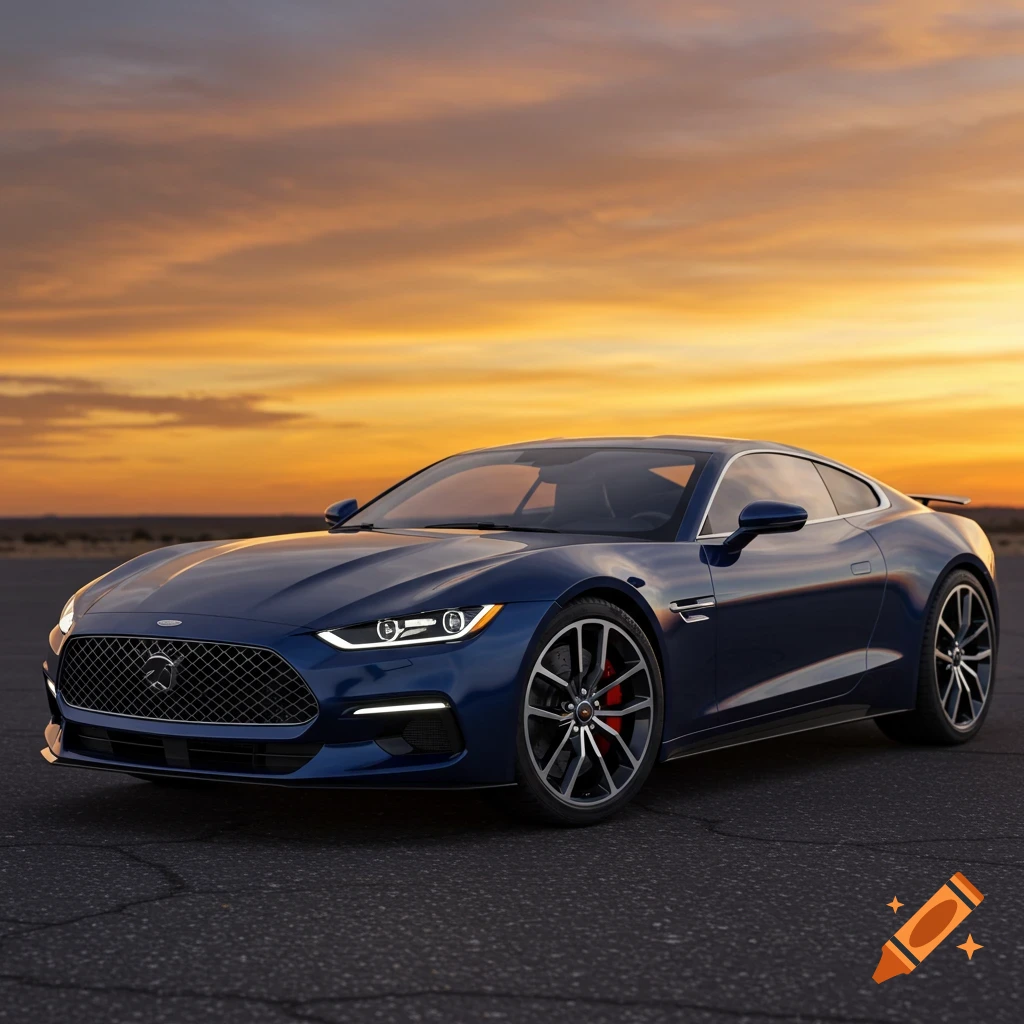 A blue sports coupe sits on an airfield at sunset.