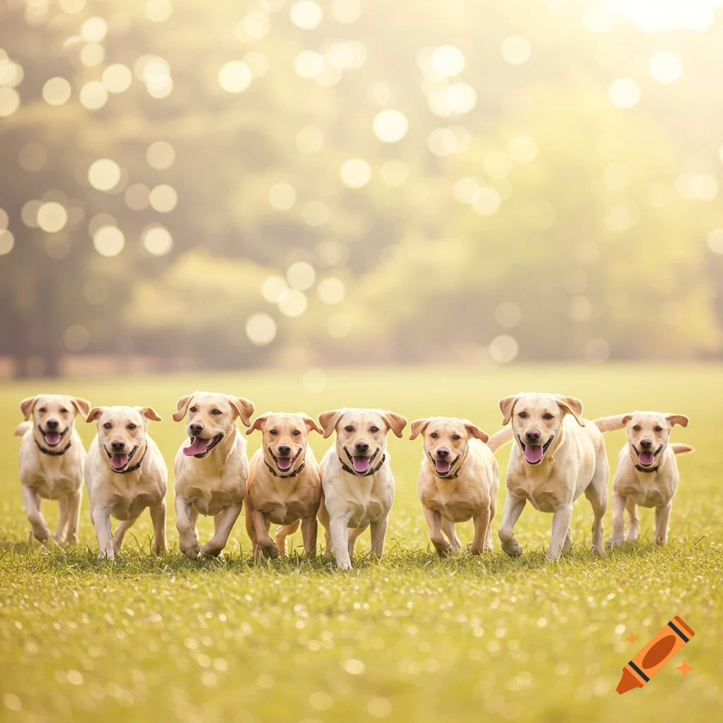 A line of yellow Labrador retrievers running in a grassy field with a bokeh background.