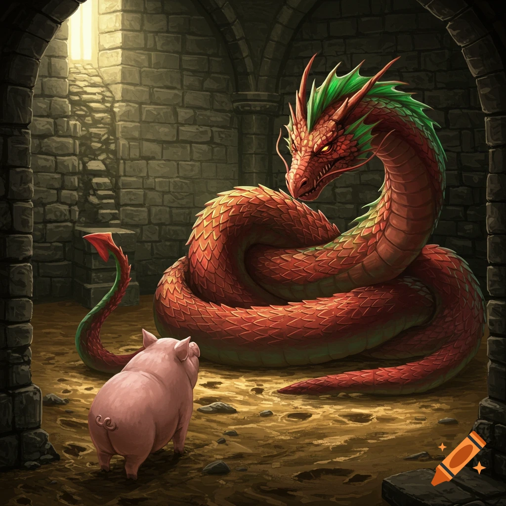 A large red and green dragon is coiled in a stone dungeon, looking down at a small pink pig.
