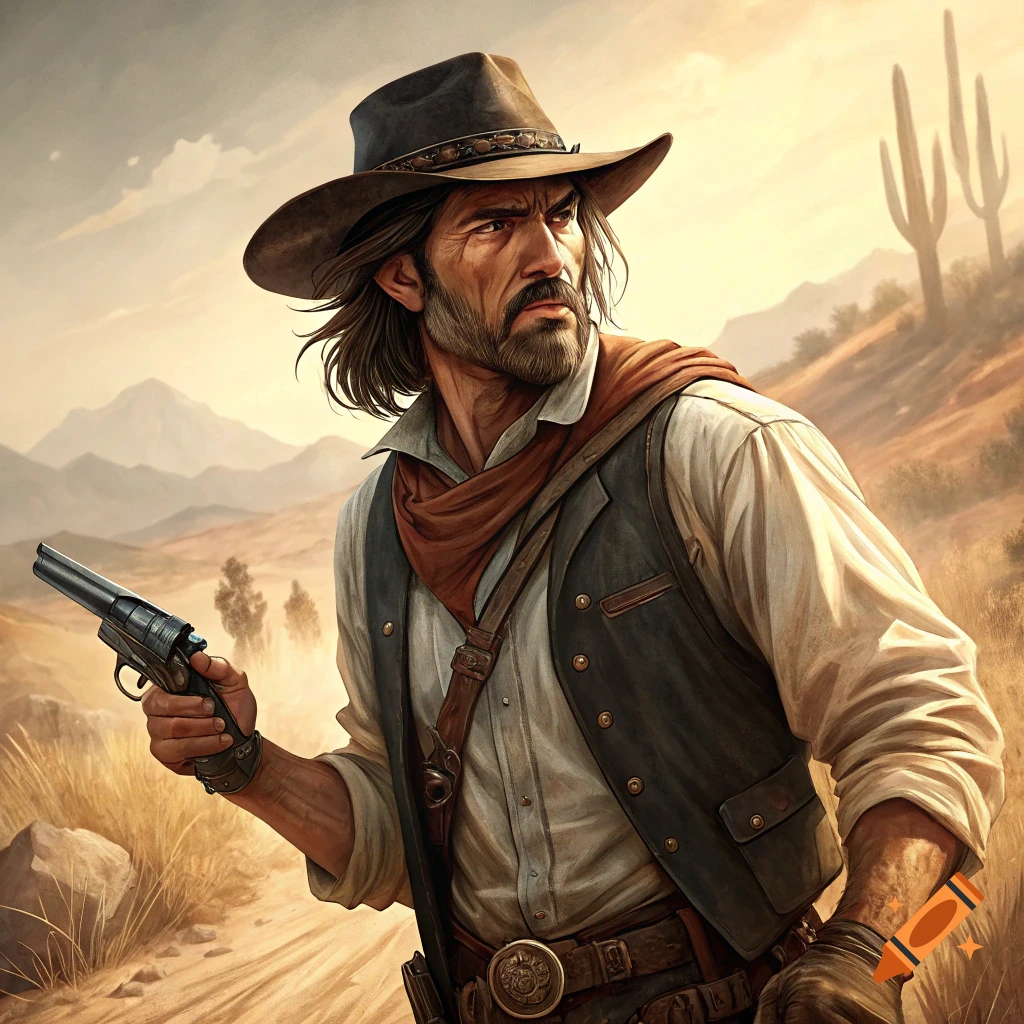 Digital art portrait of a cowboy holding a revolver in a desert landscape.