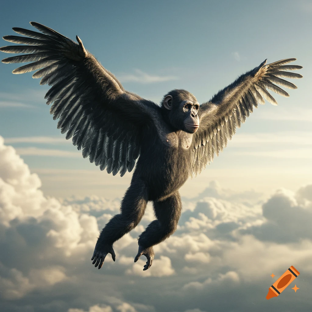 A chimpanzee with large wings flies through the sky above clouds.