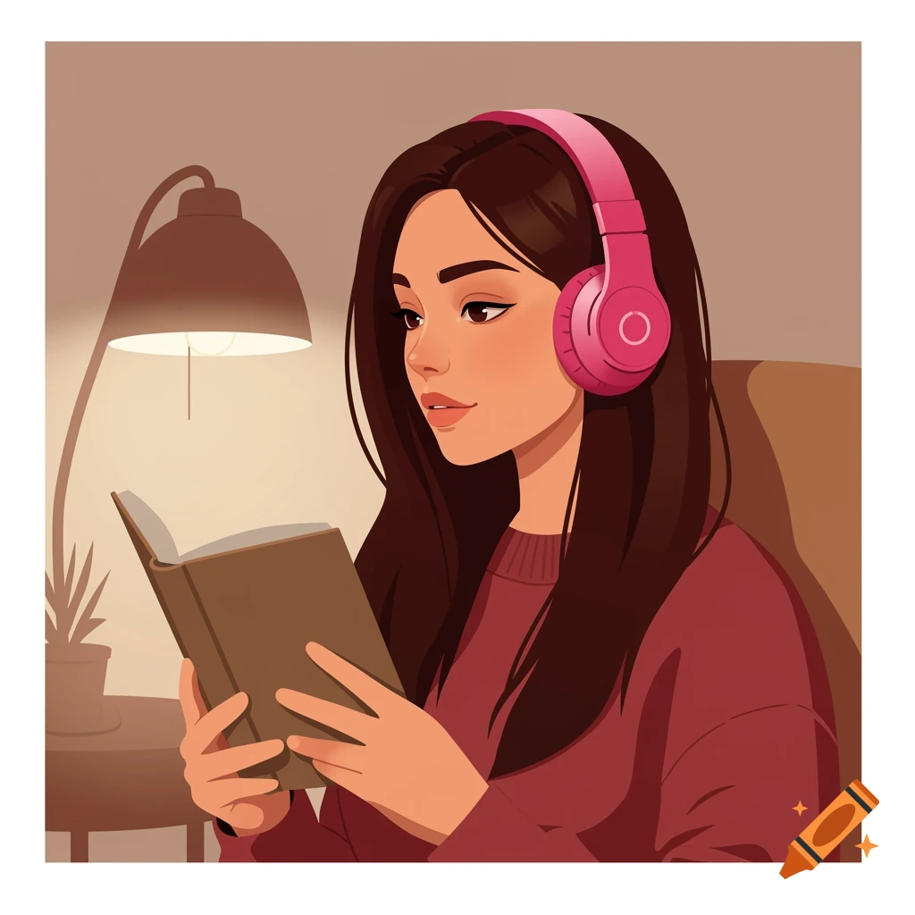 A vector illustration of a young woman with pink headphones reading a book in a cozy room.