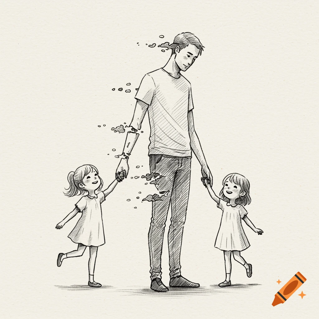 Black and white sketch of a father dissolving while holding his two young daughters' hands.