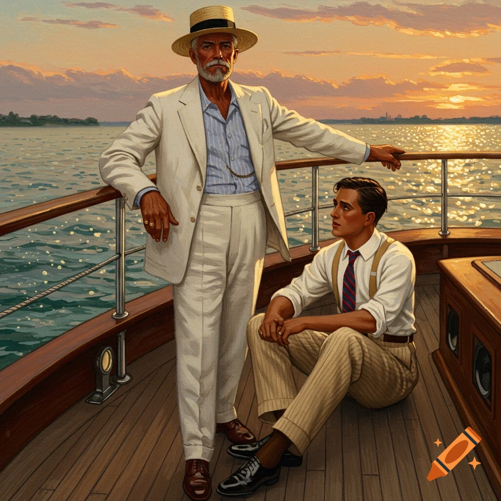A painting of two men on a boat at sunset. One stands in a white suit, the other sits in a shirt and suspenders.