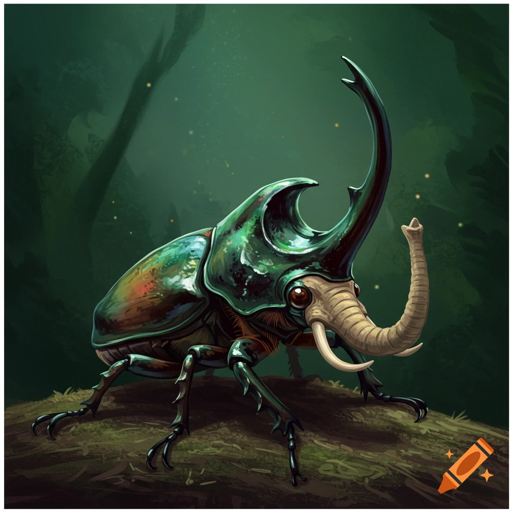 A fantasy beetle-like creature with an elephant trunk and tusks, standing on a log in a dark forest.