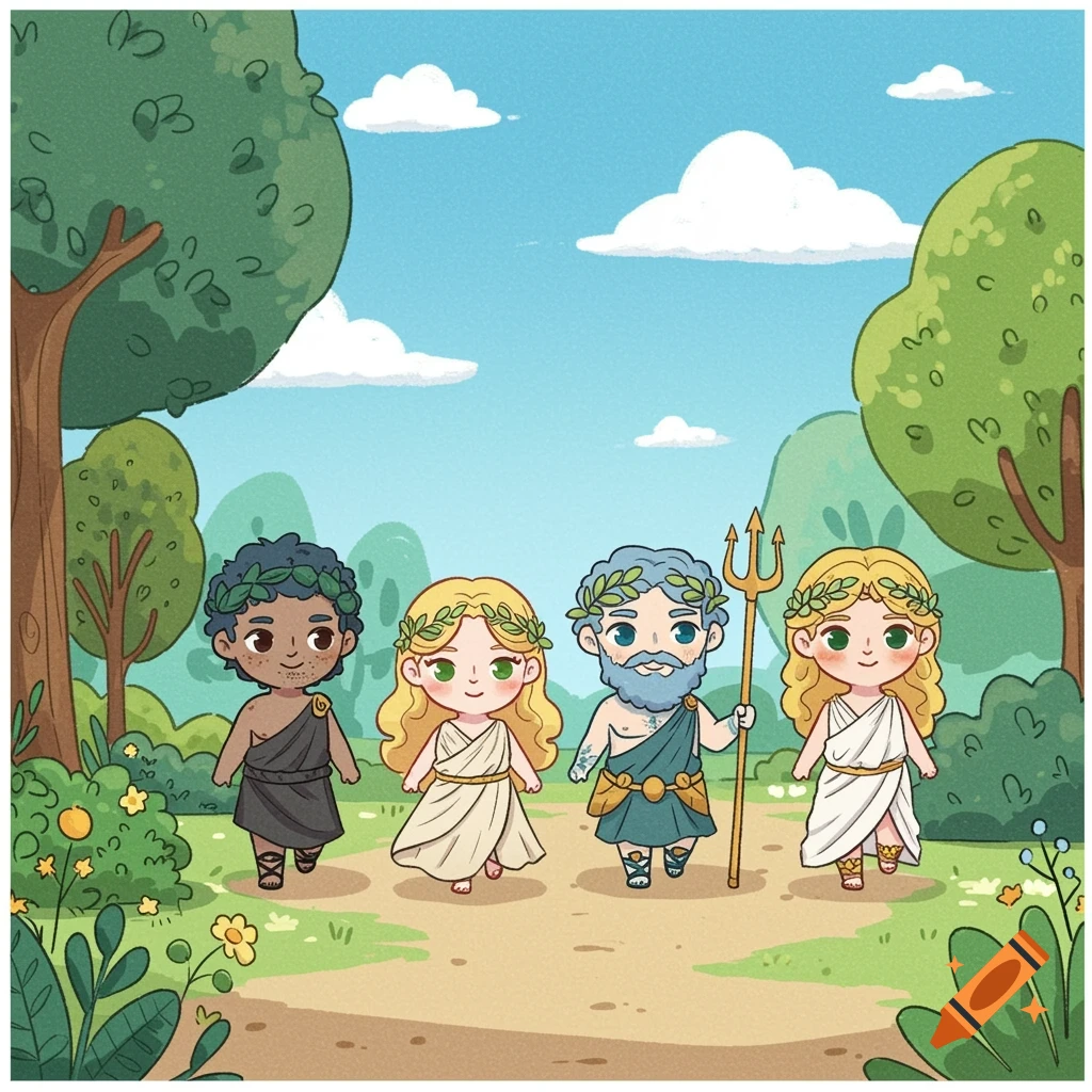 A cute cartoon of four Greek deities walking on a path in a whimsical nature scene.