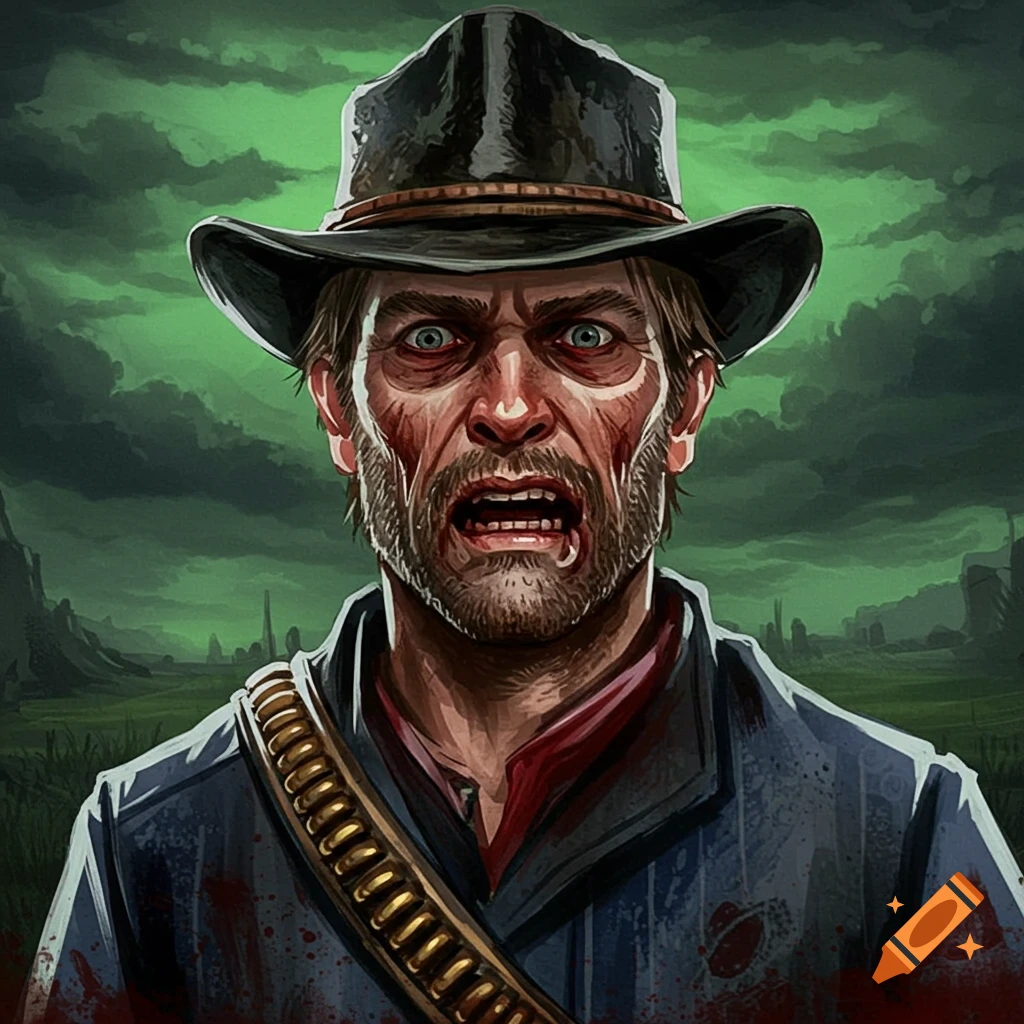 A horror-style character resembling Arthur Morgan with blood and a scared expression.