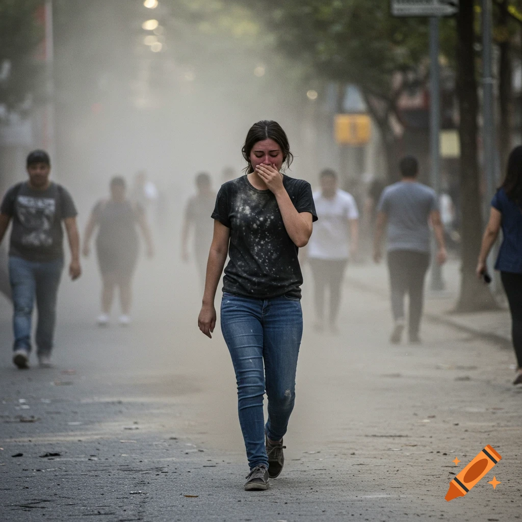 Young woman walks down a dusty street covering her mouth, appearing distressed.