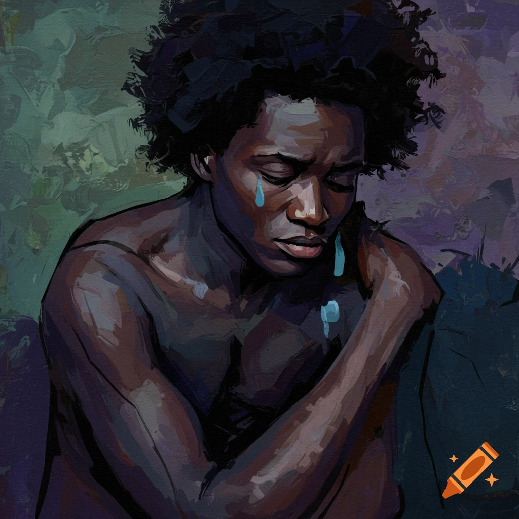 Portrait of a person with dark skin and afro hair crying, in an abstract, painterly style.
