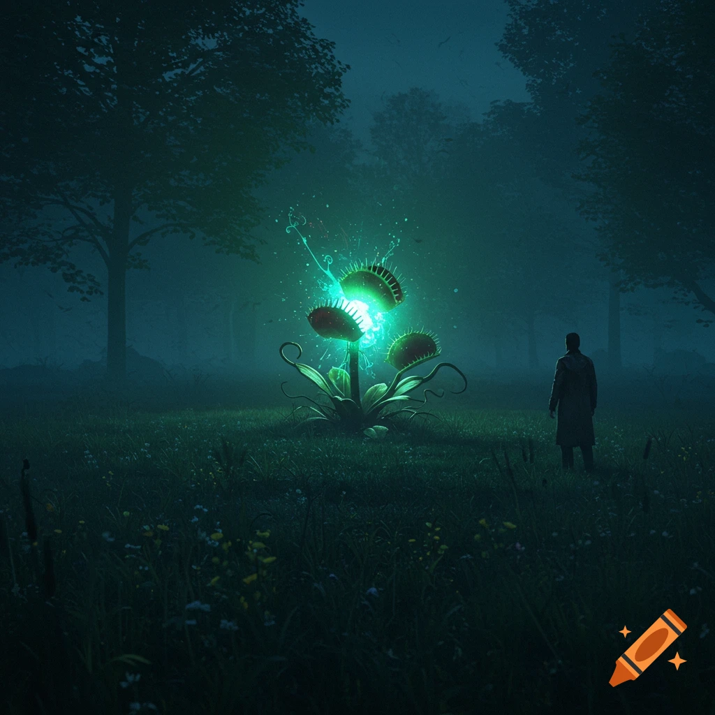 A person looking at a glowing green Venus flytrap in a dark, foggy meadow.