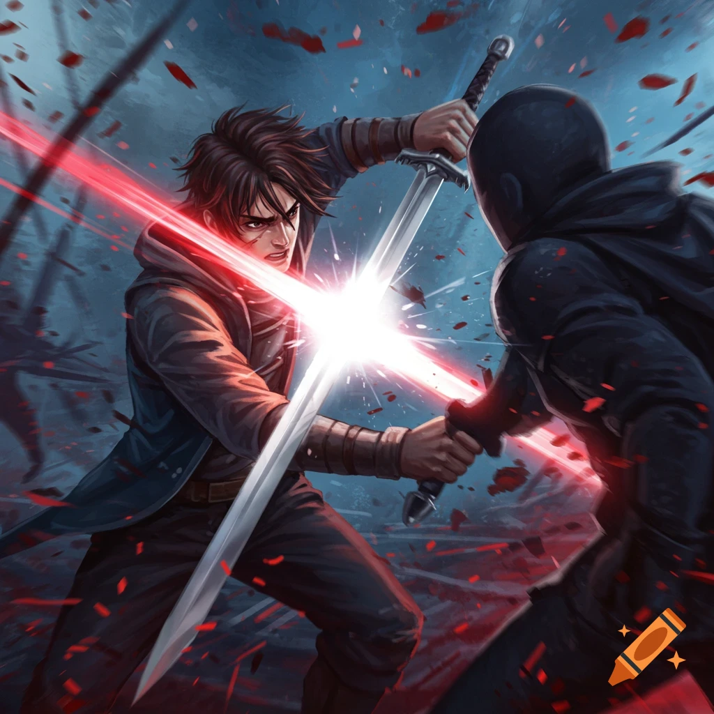 Two figures fighting with swords, one figure parrying a red energy beam.
