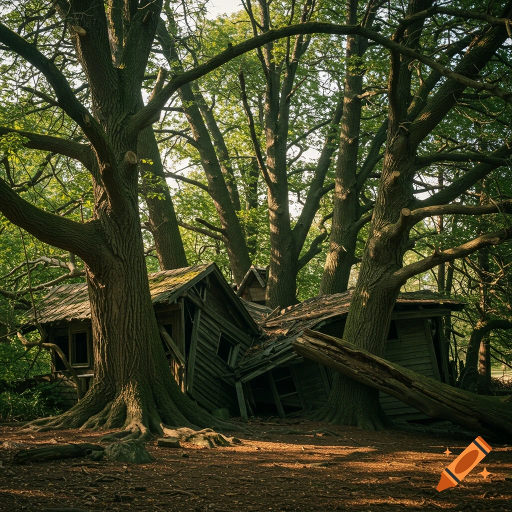 A dilapidated wooden house being overwhelmed by large trees growing around it in a forest, photorealistic style.