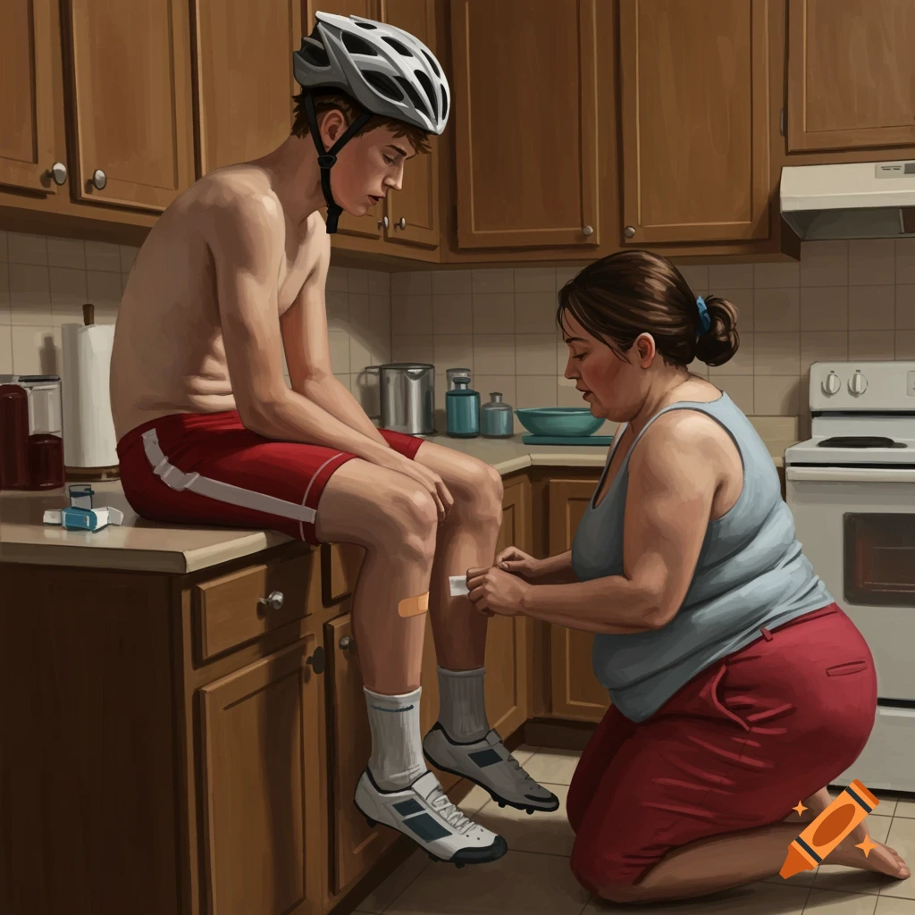 A young man in a helmet and shorts getting a band-aid on his knee from a woman in a kitchen.
