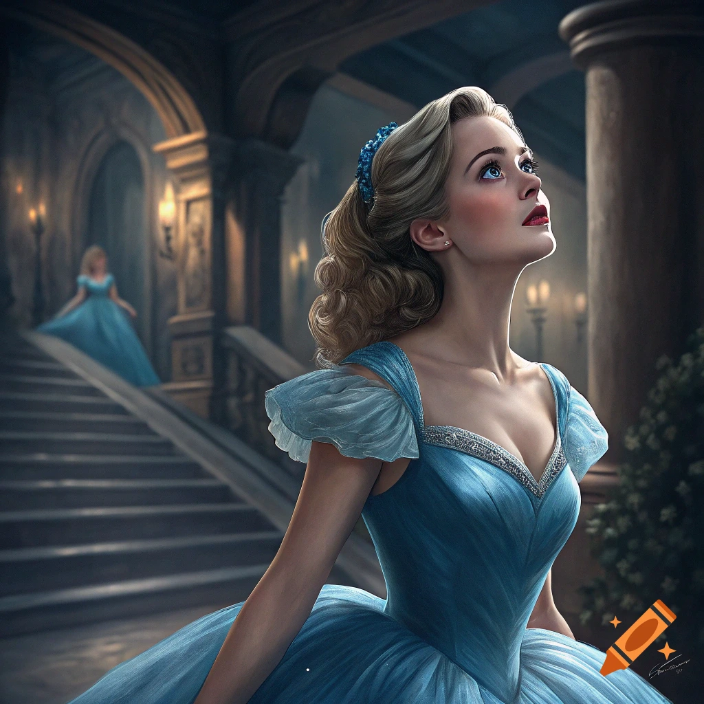 Realistic portrait of a woman in a blue ballgown looking upwards in a dimly lit castle hallway.
