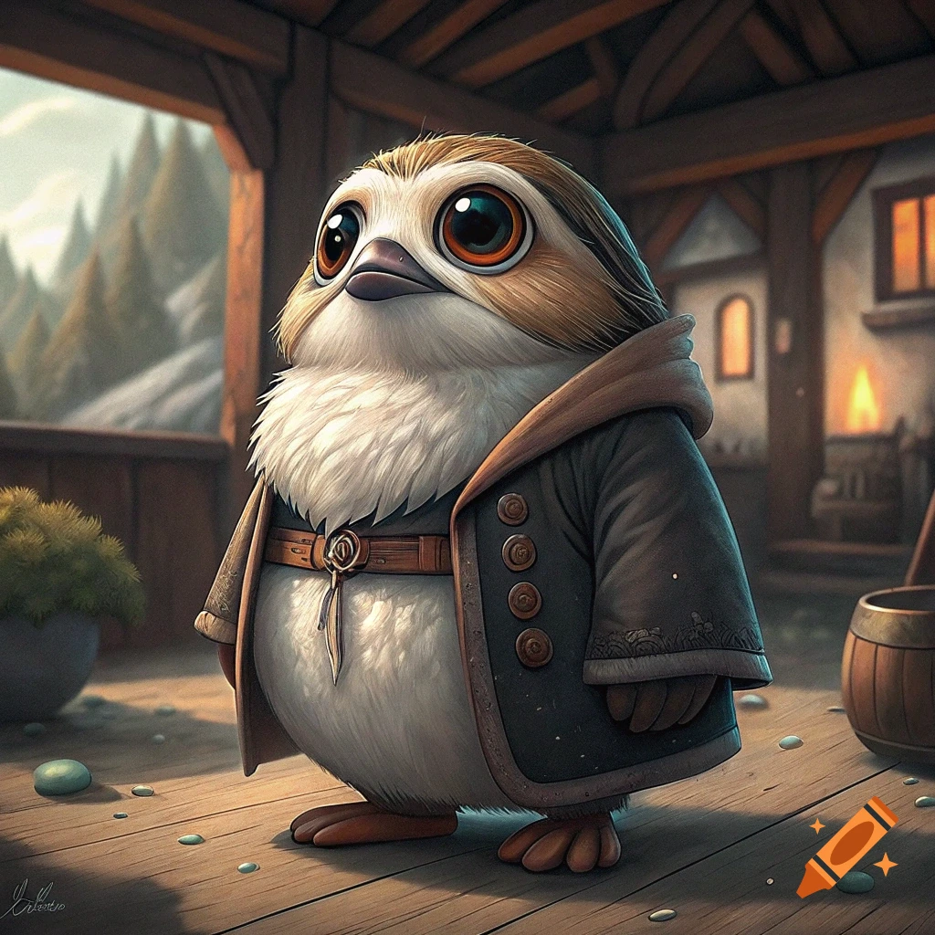 A cute Porg character wearing a dark coat stands on a wooden deck.