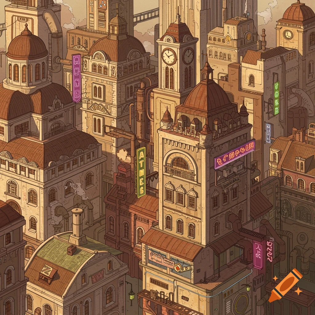 Detailed illustration of a dense steampunk cityscape with ornate buildings, domes, clock towers, pipes, and neon signs under a cloudy sky.