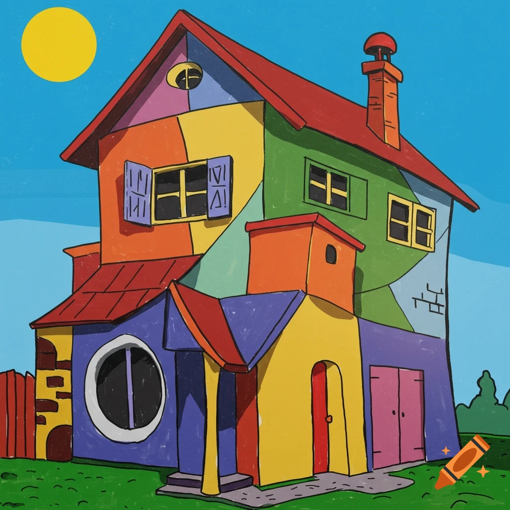 A colorful, abstract painterly illustration of a house under a yellow sun.