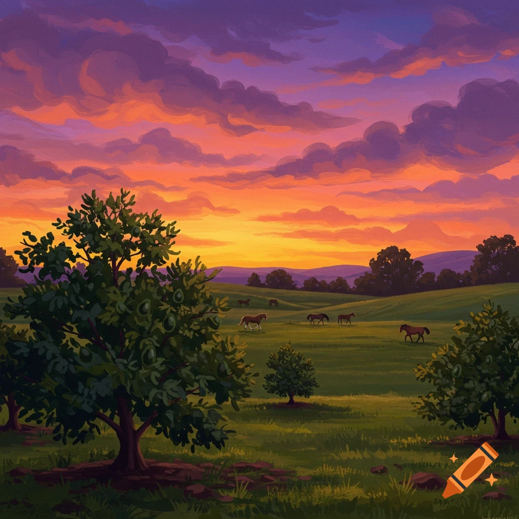A landscape at sunset, showing horses grazing in a field with avocado trees under a colorful sky.