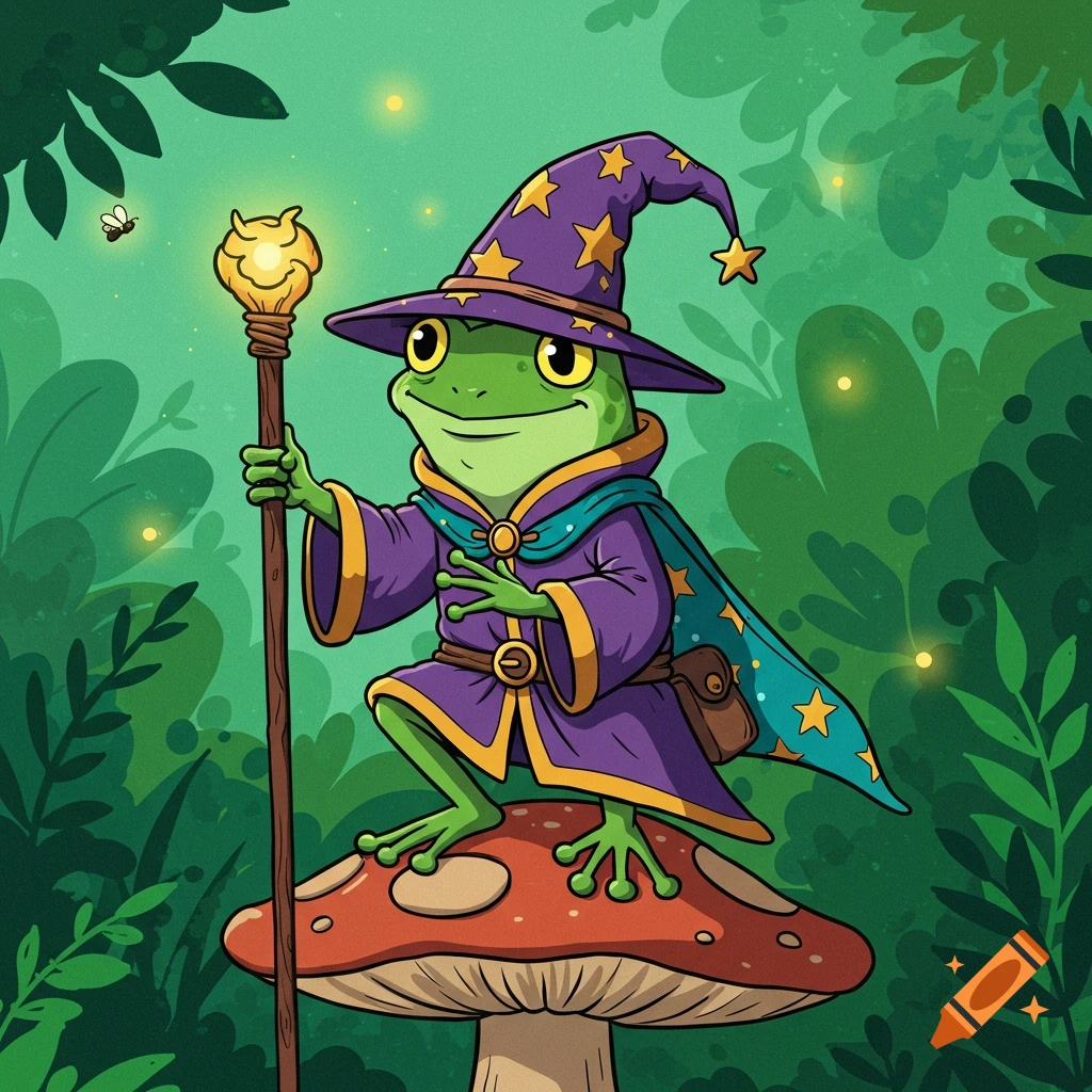 Cartoon illustration of a frog wizard sitting on a mushroom in a forest.