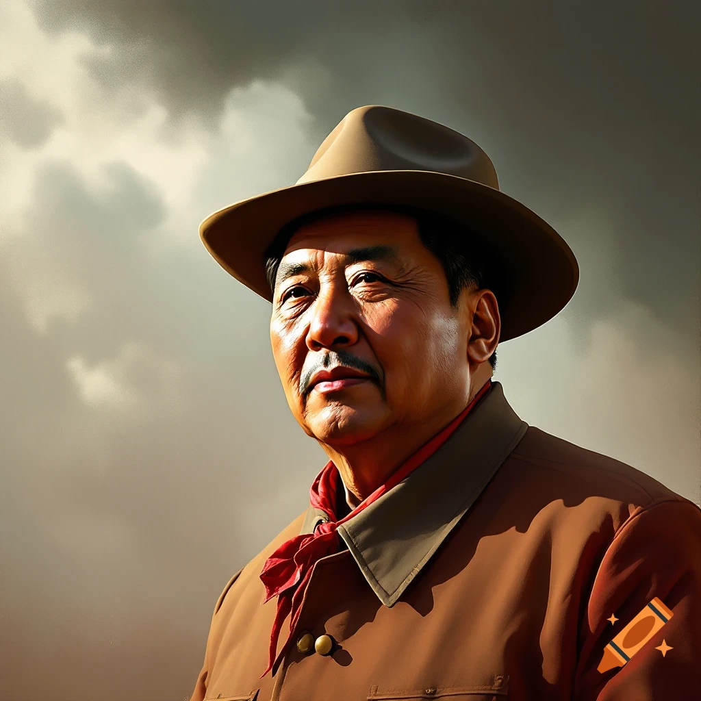 Portrait of a man resembling Mao Zedong dressed as a cowboy, wearing a hat and red scarf under a cloudy sky.