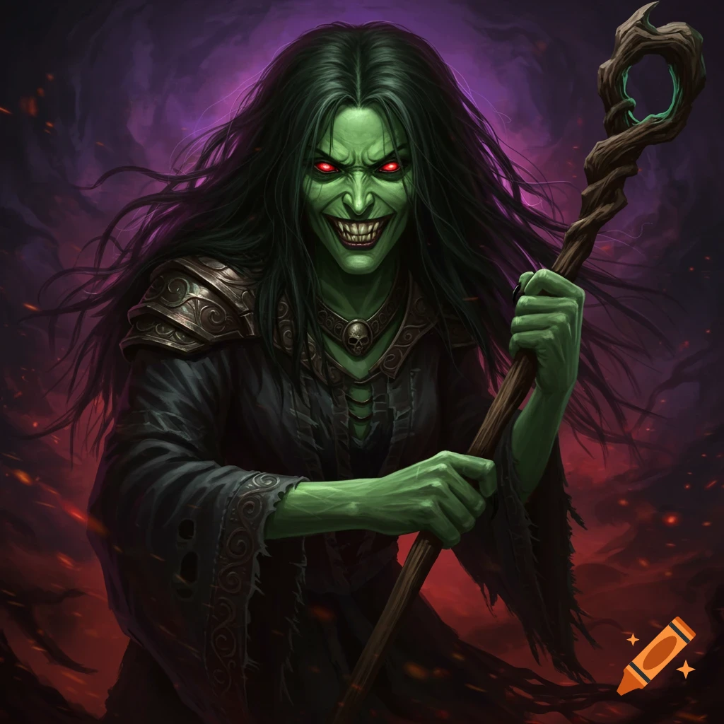 An evil witch with green skin and red eyes, holding a staff.