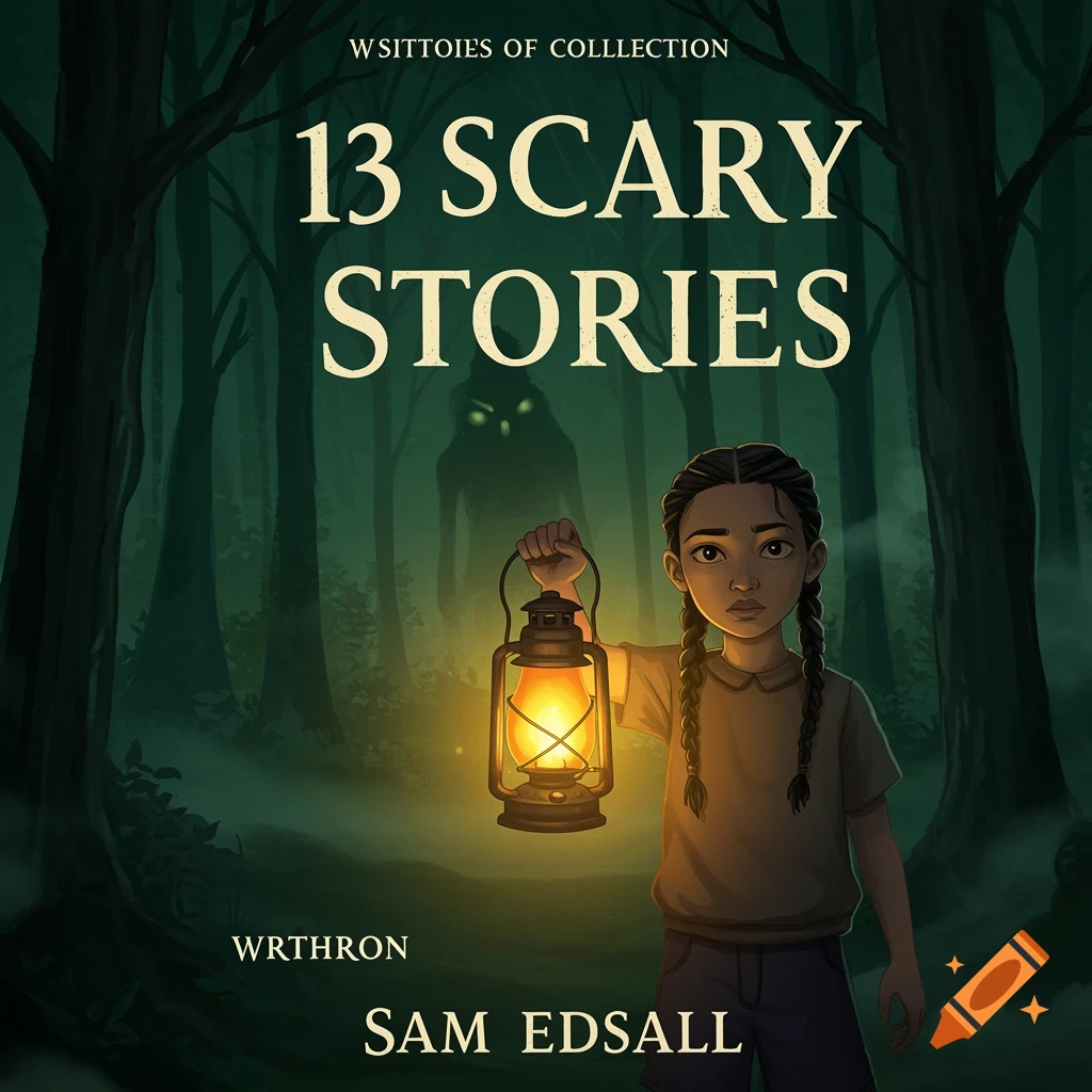 A girl with a lantern stands in a dark forest, with a monster silhouette in the background. Text reads '13 Scary Stories'.