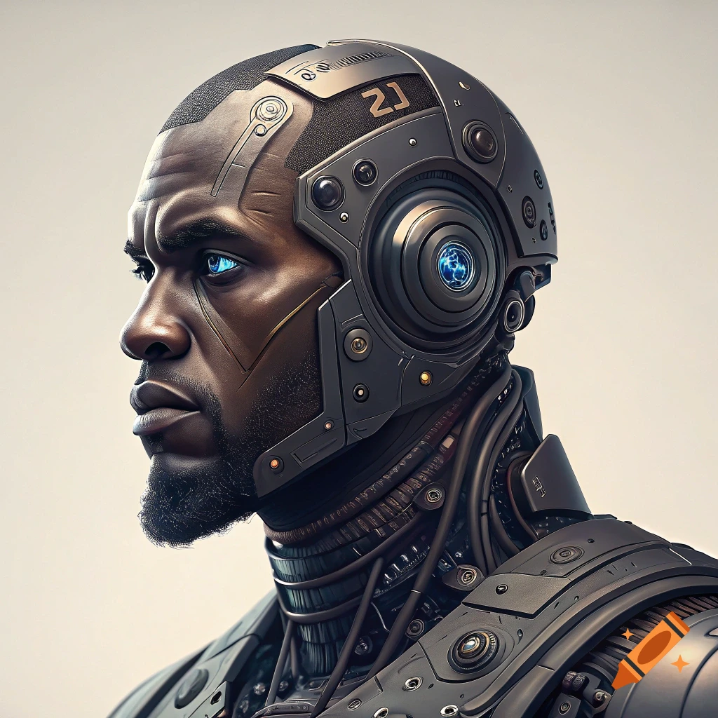 Close-up portrait of LeBron James depicted as a detailed cyborg or robot head with glowing blue eyes and mechanical components.