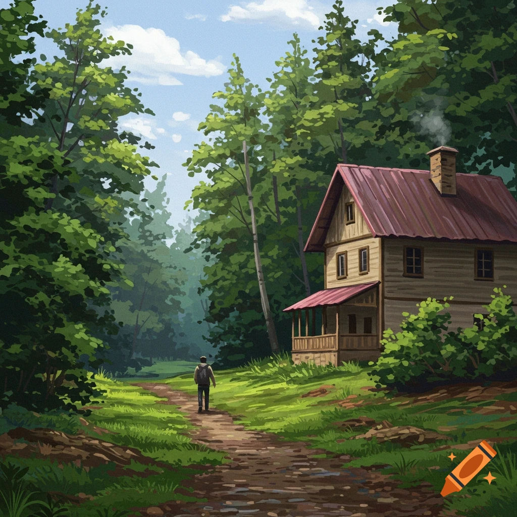 A person walking towards a cabin in a forest.