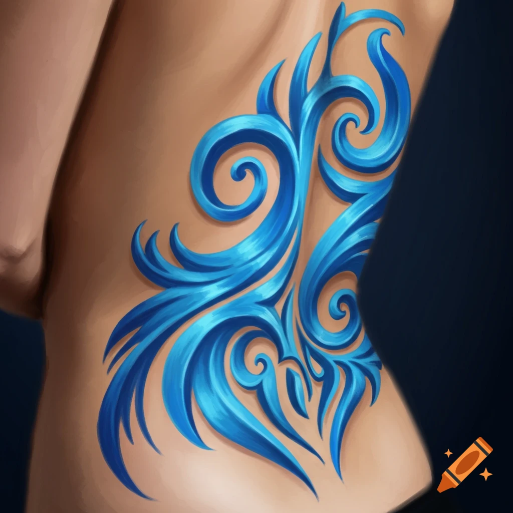 A blue swirling tattoo on a lower back
