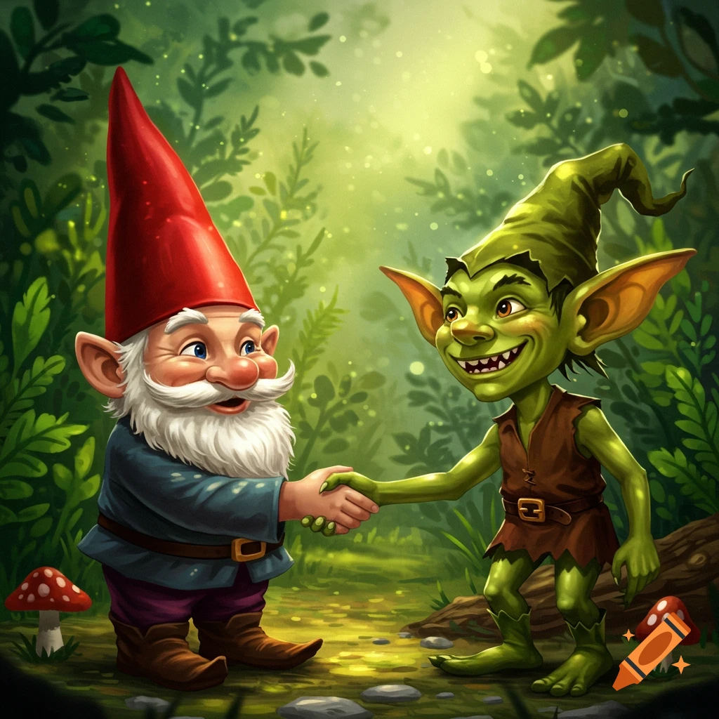 A cartoon-style image of a gnome and a goblin shaking hands in a forest.