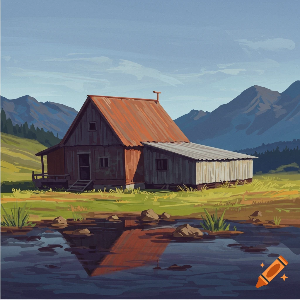 A rustic cabin sits by a tranquil pond, with majestic mountains rising in the background.
