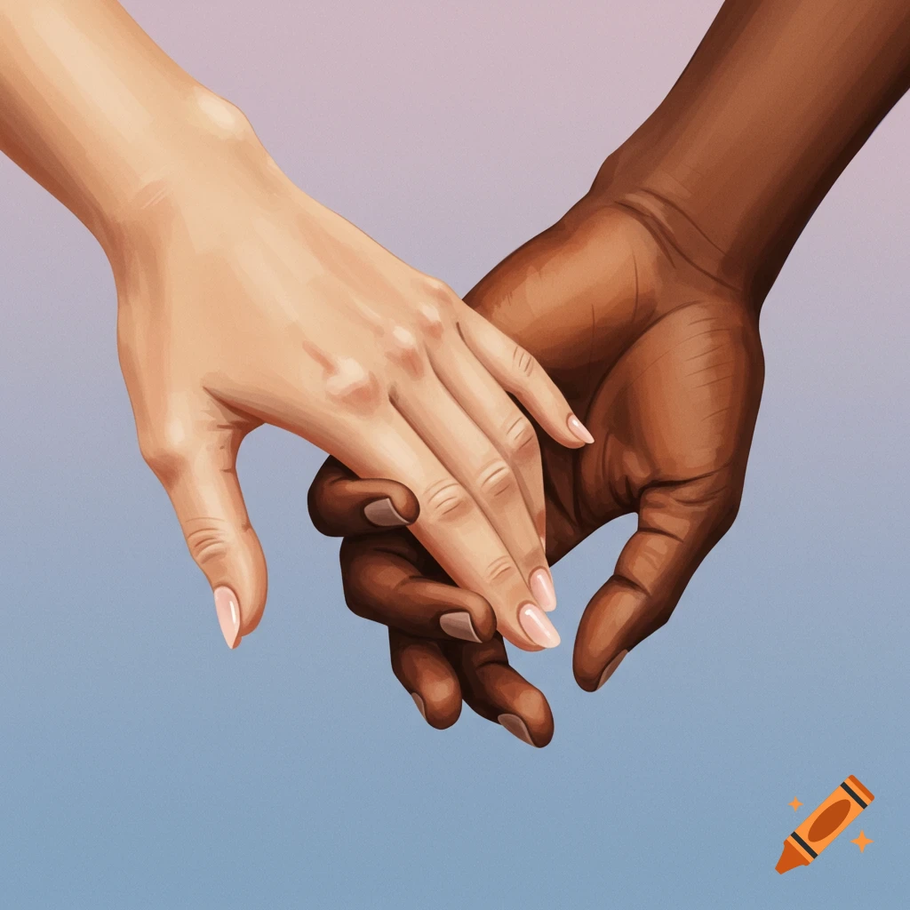 Two hands of different skin tones hold with fingers interlocked against a gradient background.