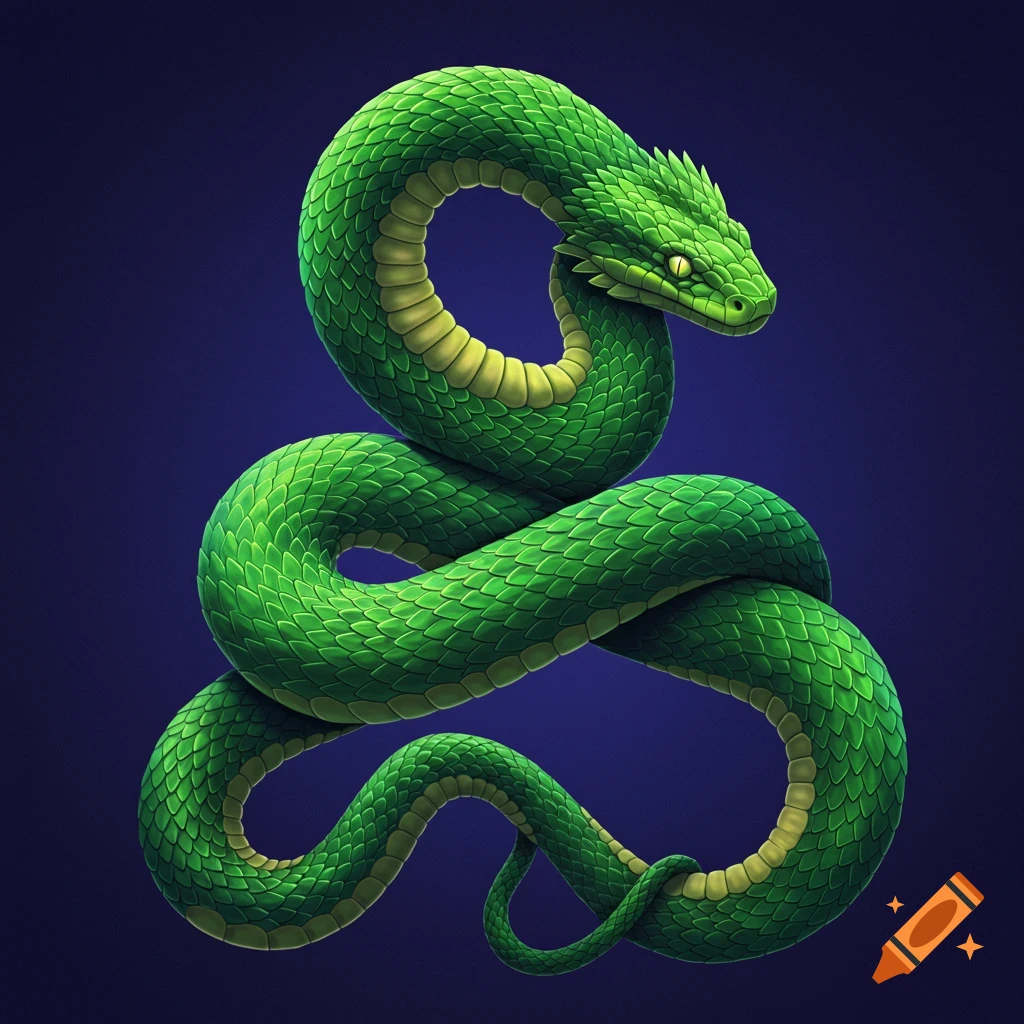 A green snake coiled on a dark blue background.