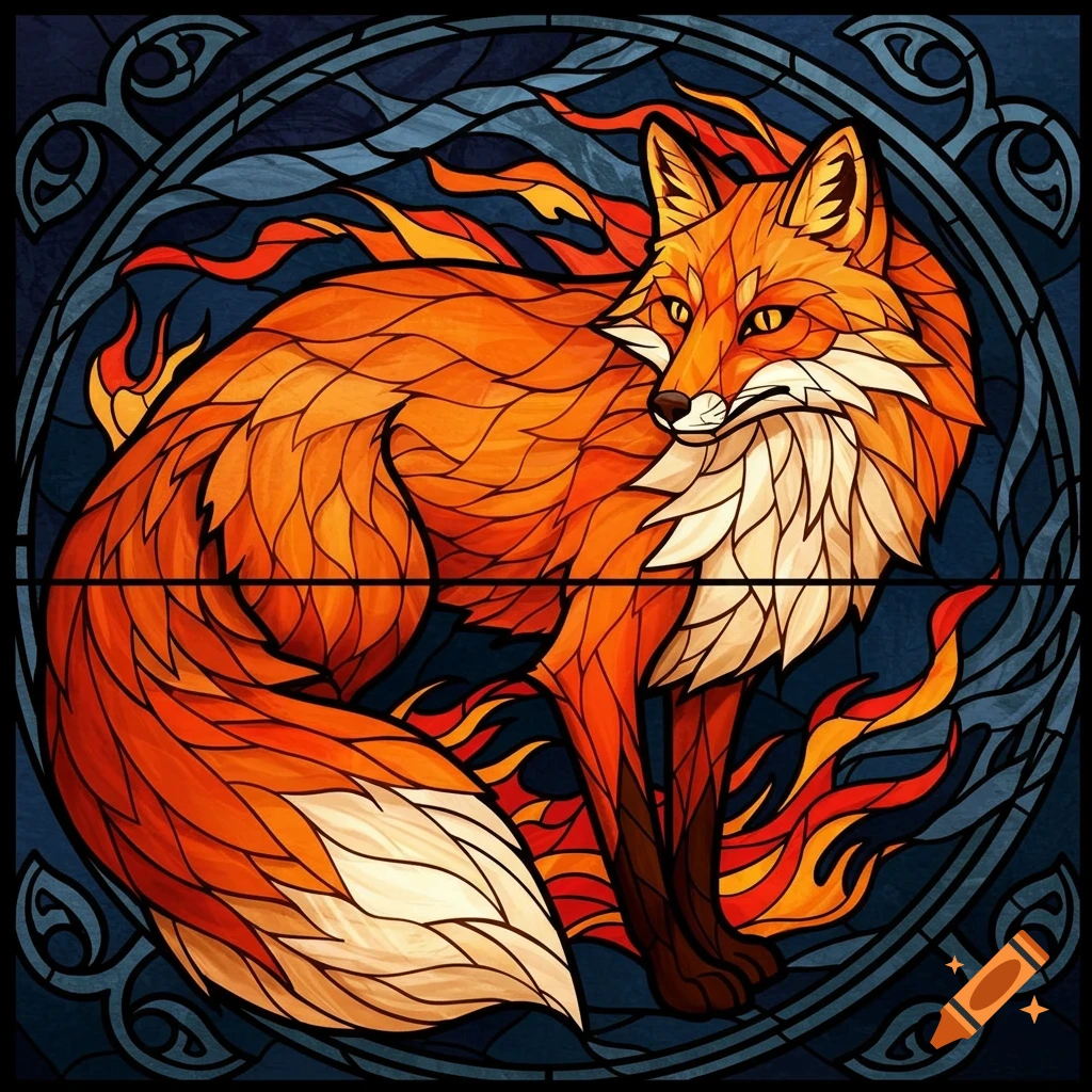 Stained glass artwork of an orange fox surrounded by flames and blue patterns.