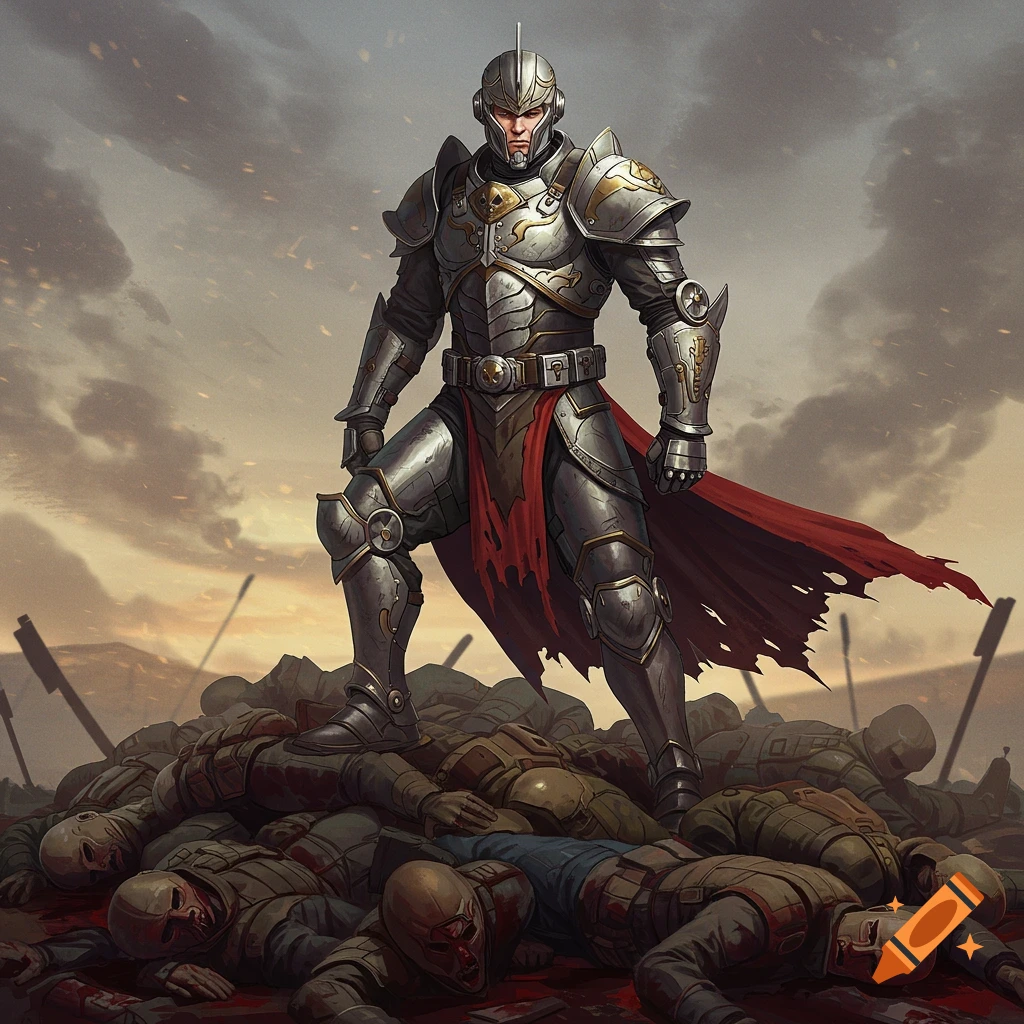 Stylized image of a warrior in ornate armor standing on a pile of fallen enemies.