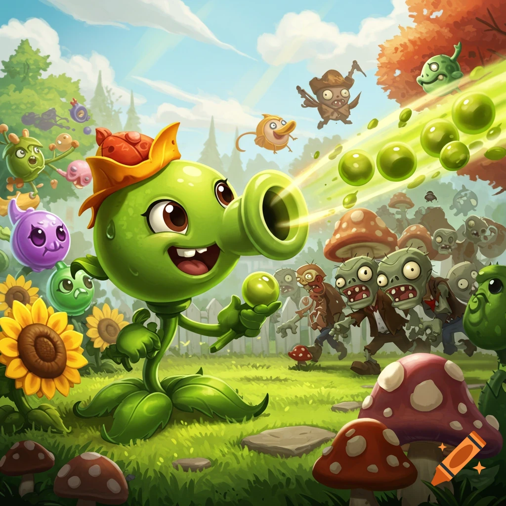 Peashooter character shooting peas at zombies in a bright garden scene.