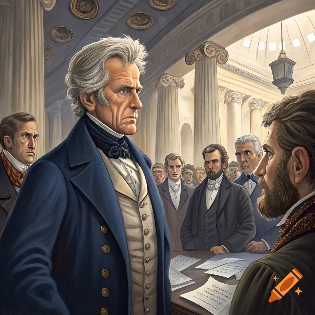 Painting of Andrew Jackson and other men in historical clothing in a formal meeting room with columns.