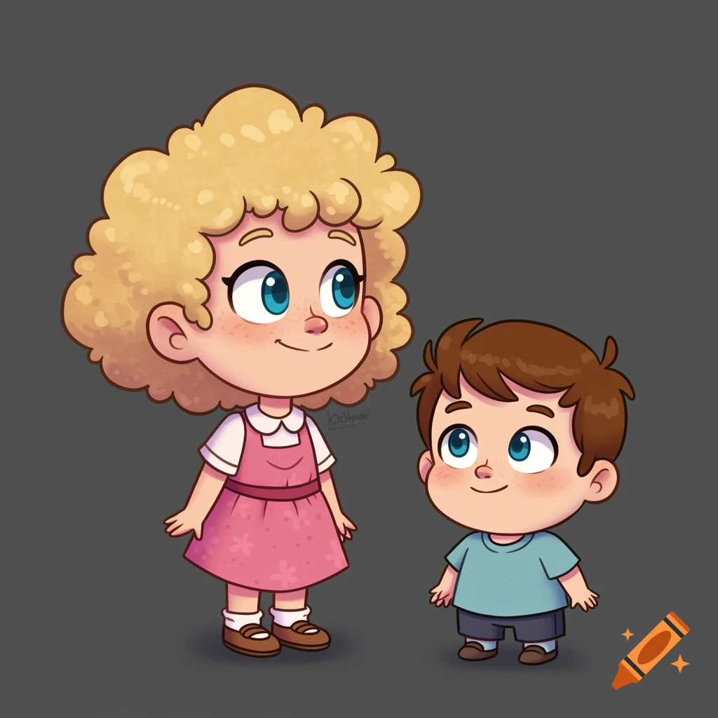 A cartoon drawing of two children, a girl with curly blonde hair and a boy with brown hair.