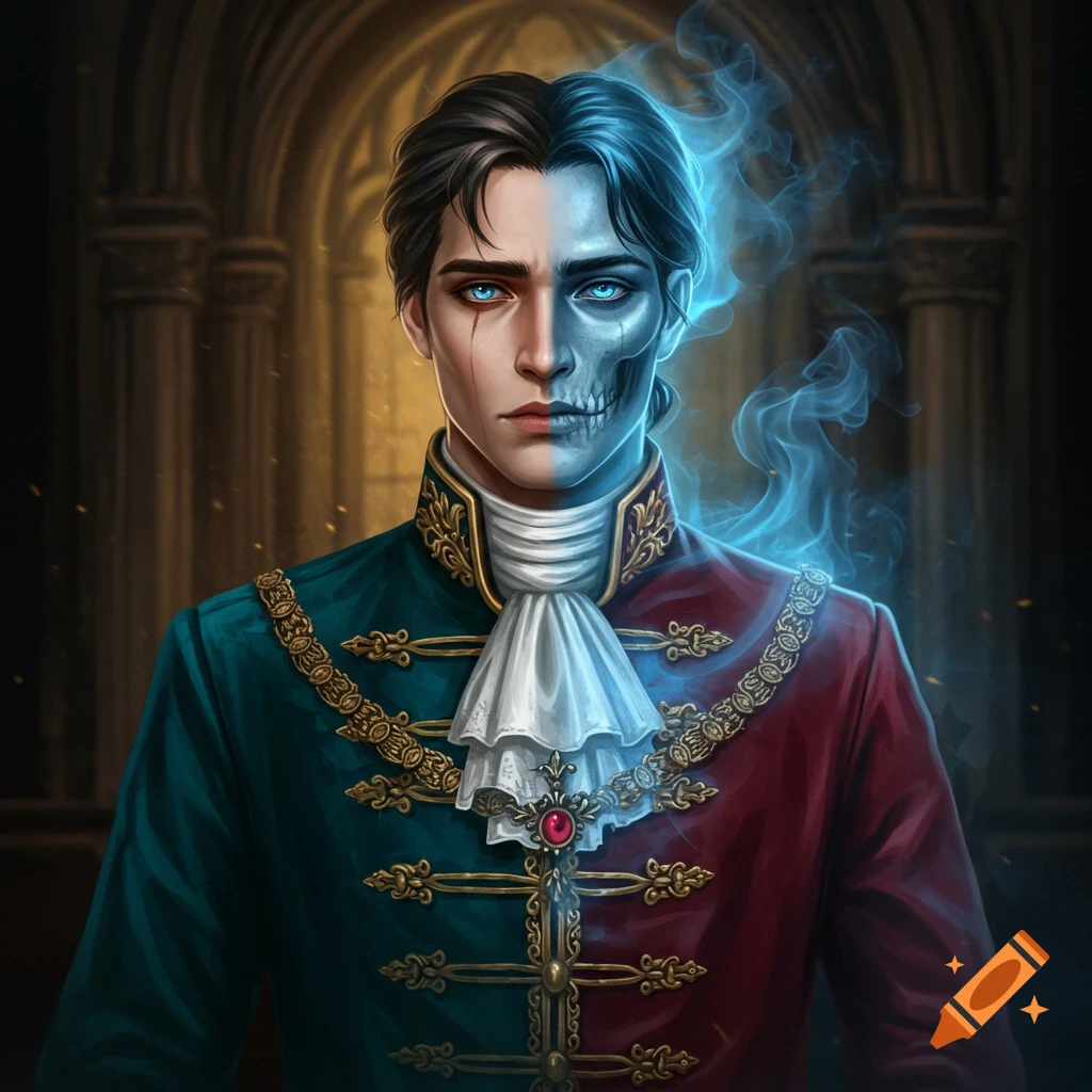 A portrait of a man who is half human, half ghostly skeleton, wearing a teal and red historical coat.