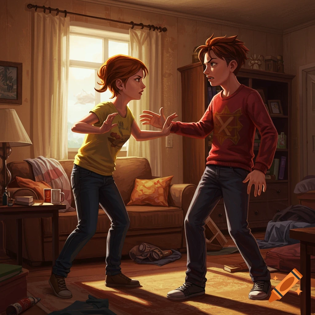 Two young people arguing intensely in a messy, sunlit living room.