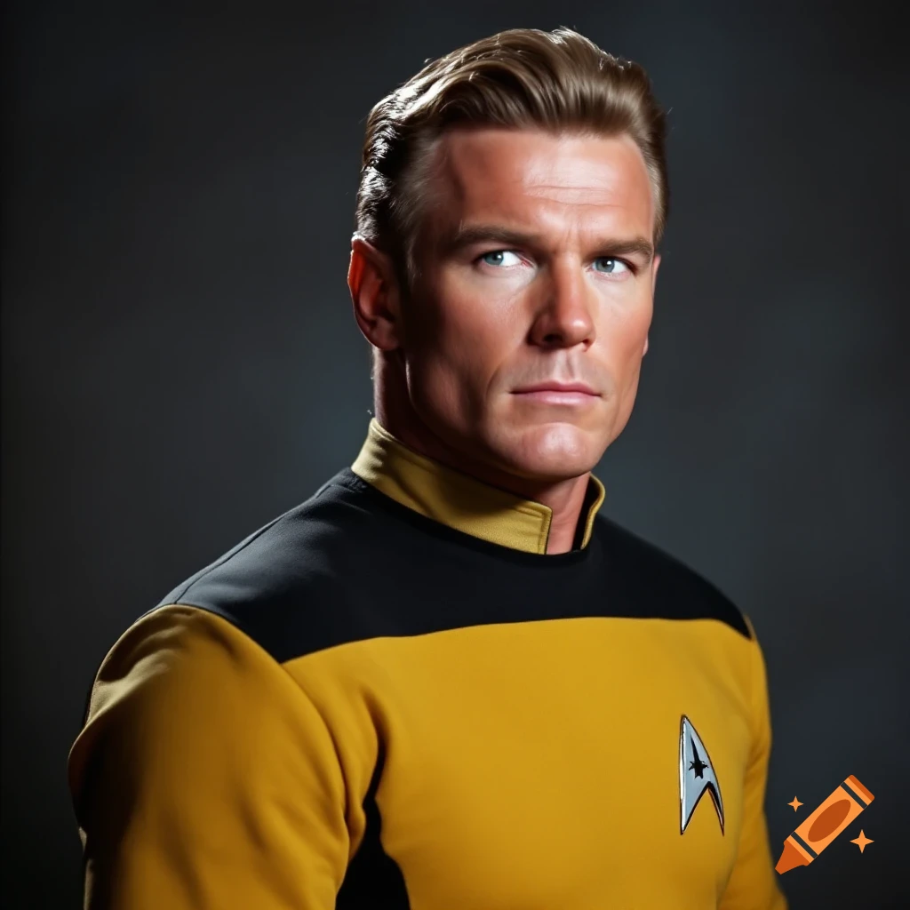 Portrait of a man in a gold Star Trek uniform