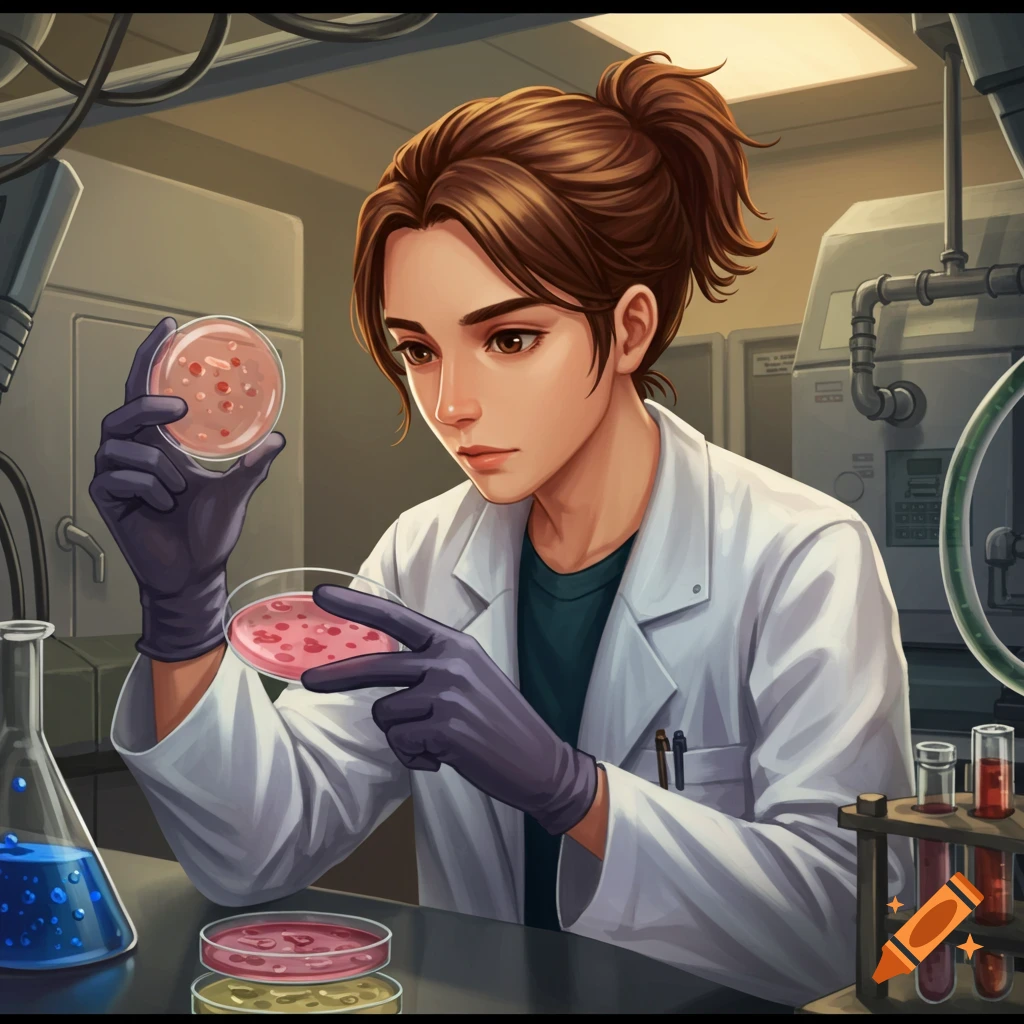 A young scientist in a lab coat and gloves examines petri dishes in a laboratory.