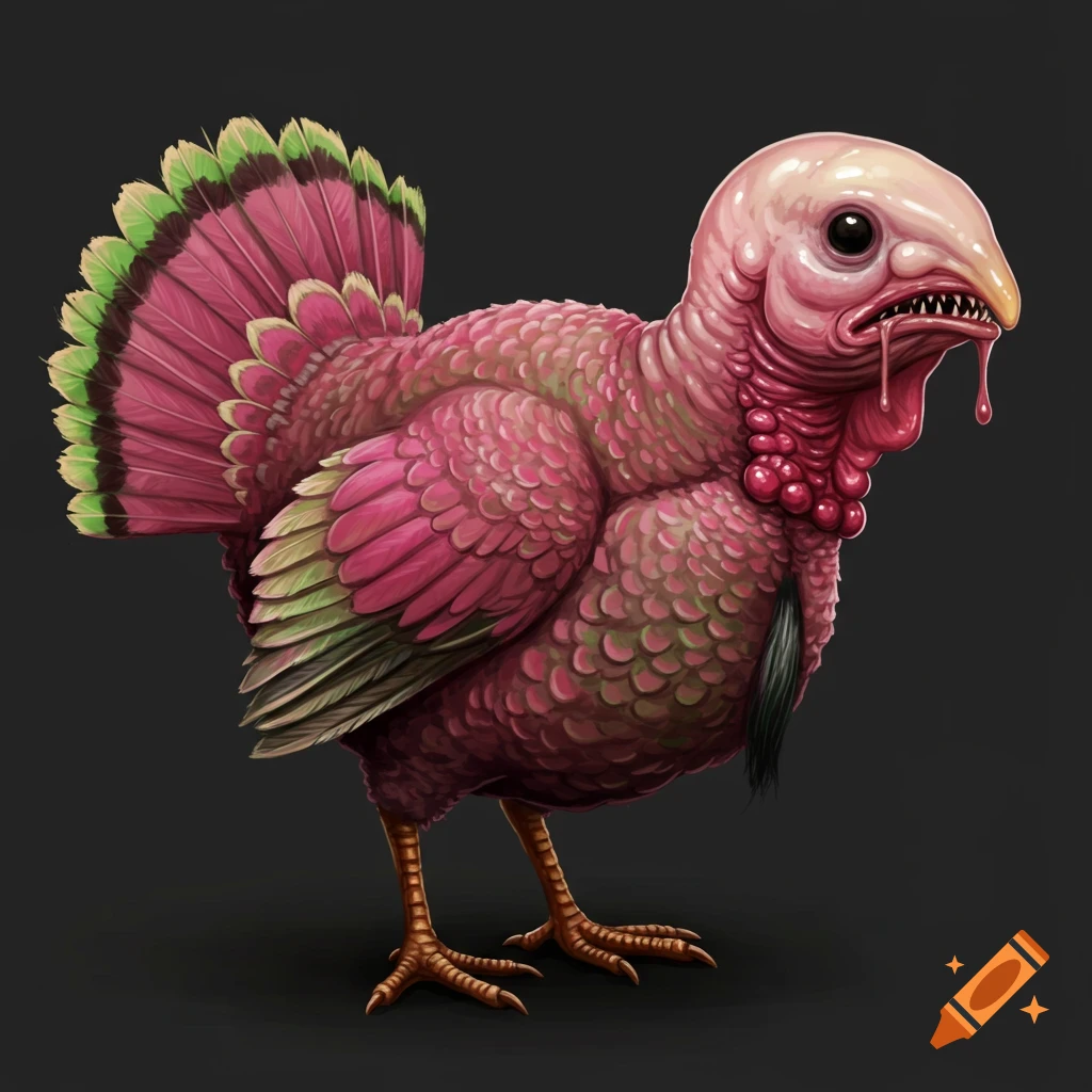 A strange creature that is a mix of a turkey and a blobfish, with pink skin, sharp teeth, and dripping saliva.