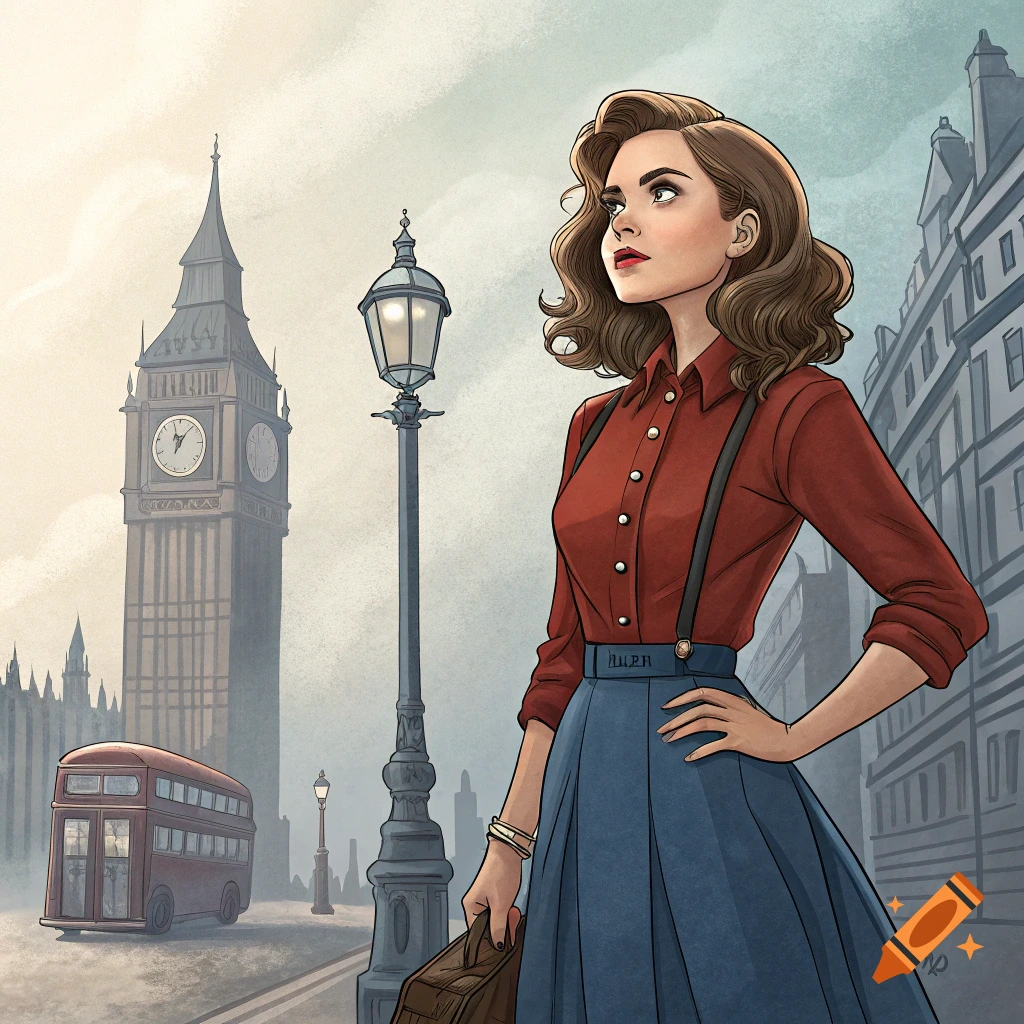 Illustration of a woman in a vintage outfit standing in London with Big Ben and a red bus.