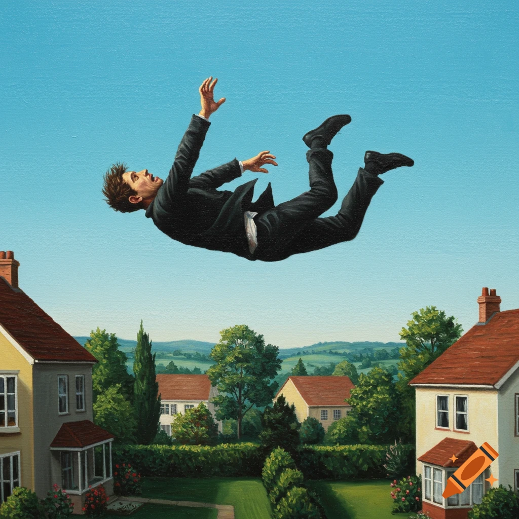 Painting of a man falling through a blue sky over suburban houses