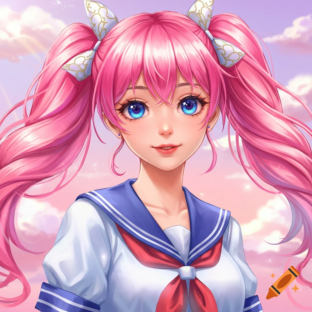 Anime girl with pink pigtails and blue eyes in a school uniform