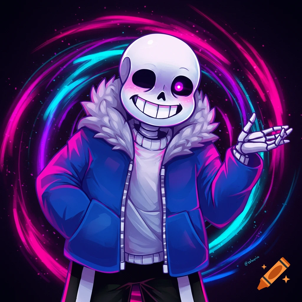Sans from Undertale smiling in blue jacket against swirling neon background