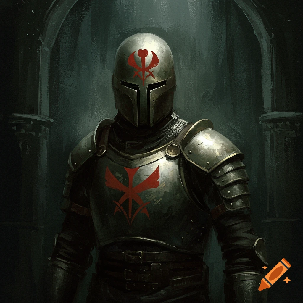 A medieval knight in dark armor with a red symbol on the helmet and chest, standing in a dark archway. Oil painting style.