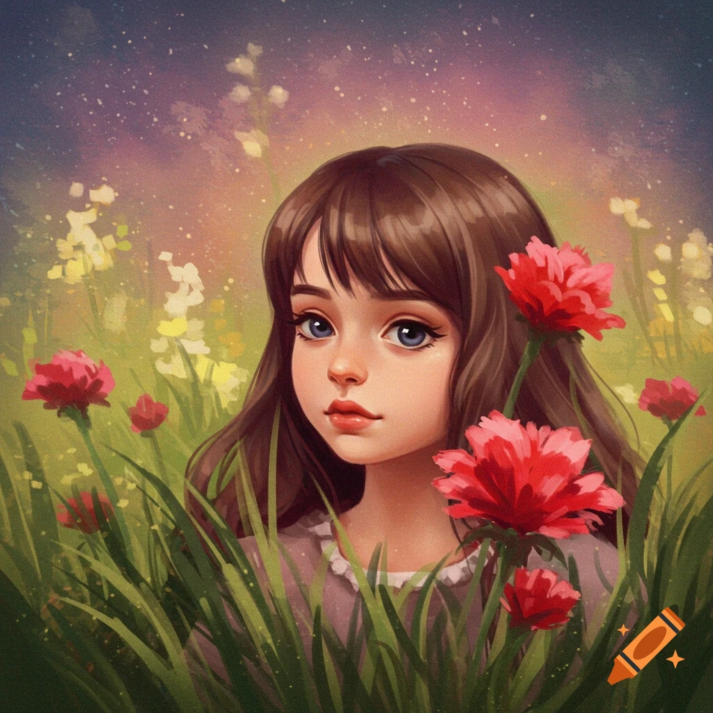 A young girl with long brown hair and blue eyes, looking directly at the viewer, partially hidden by tall green grass and red and yellow flowers. The background is a bokeh effect of light and stars.